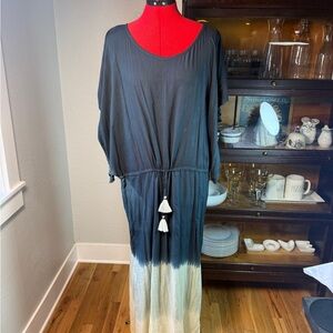 STYLE PARK1 Blue White Ombre Maxi Dress Tassel Waist Tie Rayon Boho Resort NWT